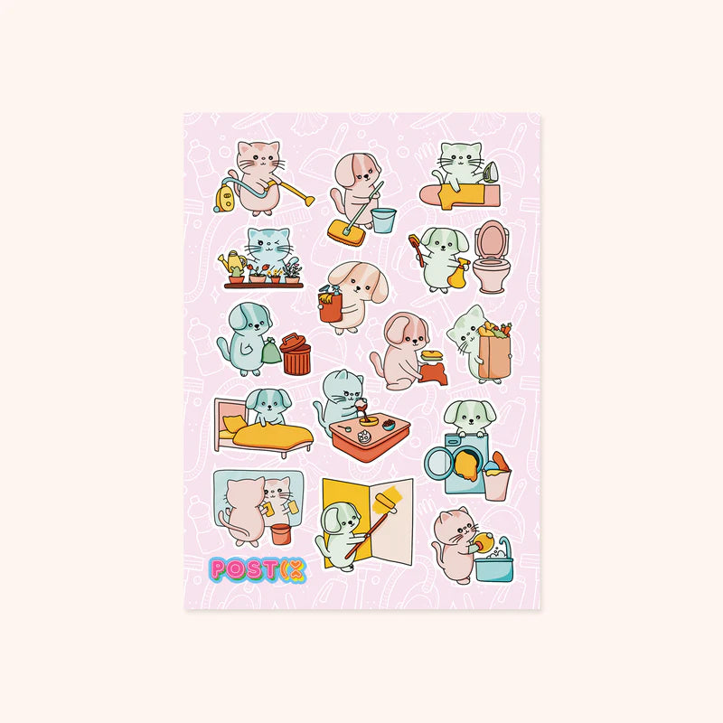 A sheet of stickers measuring 4.25" x 5.8" featuring 15 stickers of cats and dogs doing house chores.