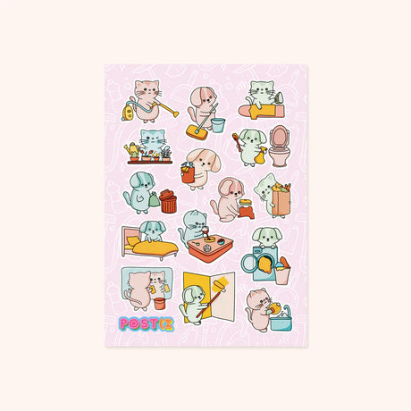 A sheet of stickers measuring 4.25" x 5.8" featuring 15 stickers of cats and dogs doing house chores.