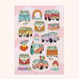 Sheet of 14 glittery retro combi van stickers with mushrooms, butterfly, rainbow, and floral accents on pink background