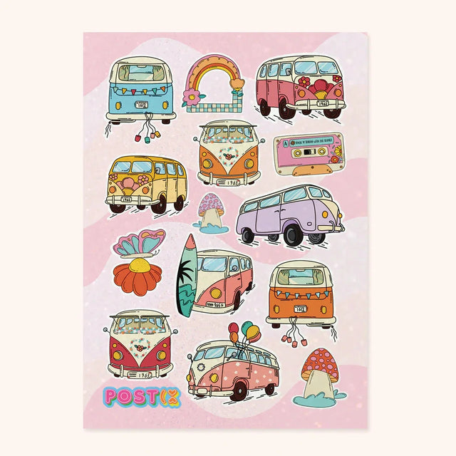 Sheet of 14 glittery retro combi van stickers with mushrooms, butterfly, rainbow, and floral accents on pink background