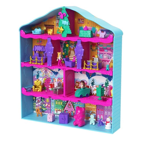 Polly Pocket Advent Calendar playset with dolls, toy car, festive decorations, and cozy winter house design.