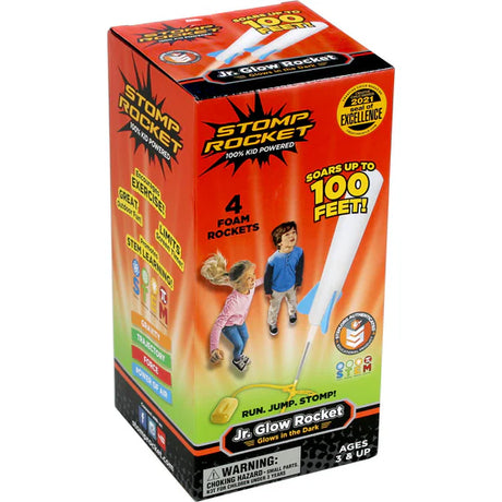 Stomp Rocket Junior with 4 foam glow-in-the-dark rockets launching up to 100 feet for kids ages 3 and up.