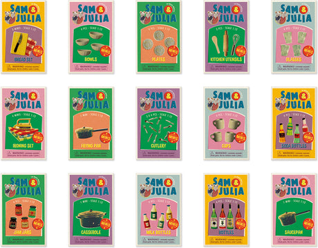 Sam & Julia | Matchbook Miniature assorted small accessory sets for dolls, including kitchen utensils, bowls, and bottles.