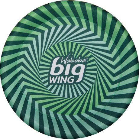 Green and black spiral fabric covered disc with Waboba Big Wing logo in center, lightweight and easy to catch.