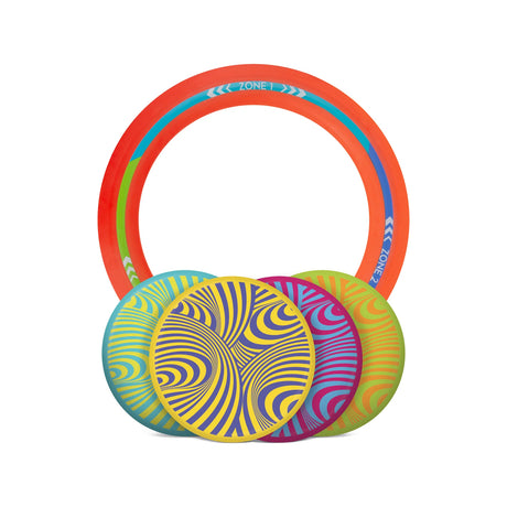 Waboba Backnine set featuring a flying target ring and four colorful silicone discs for outdoor disc golf play.