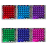 Six colorful silicone endless bubble wrap fidget toys in red, blue, purple, green, dark blue, and pink in packaging.