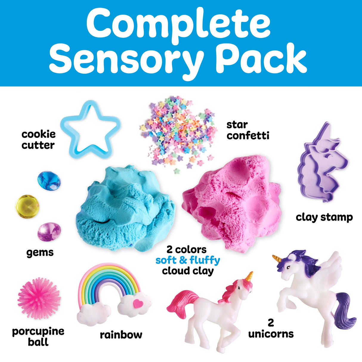 Sensory Pack | Unicorn with cloud clay, unicorn toys, rainbow, star confetti, gems, cookie cutter, and porcupine ball for sensory play.