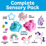 Sensory Pack | Unicorn with cloud clay, unicorn toys, rainbow, star confetti, gems, cookie cutter, and porcupine ball for sensory play.