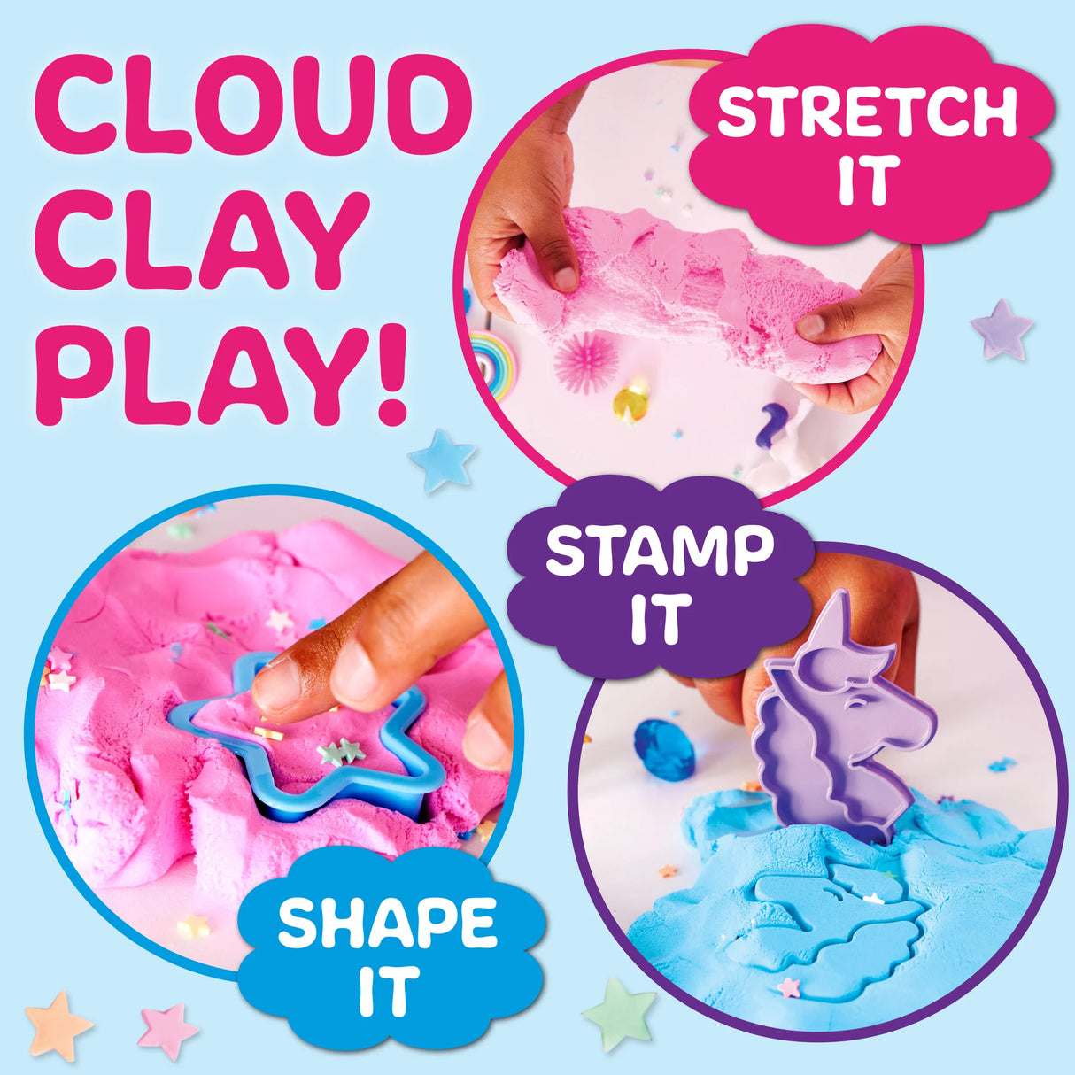 Sensory Pack | Unicorn showing kids stretching pink cloud clay and stamping shapes with unicorn toys for sensory play.