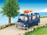 Family Seven-Seater toy car with seven critters inside, luggage on roof, doors open, traveling on flower-lined path.