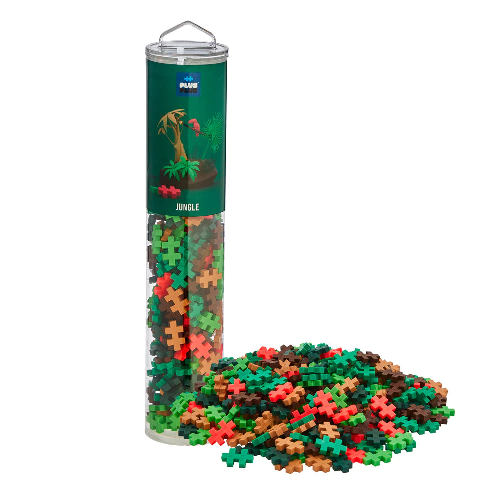 Plus Plus Jungle 240pc tube with colorful jungle-themed building pieces for creative 2D and 3D play.