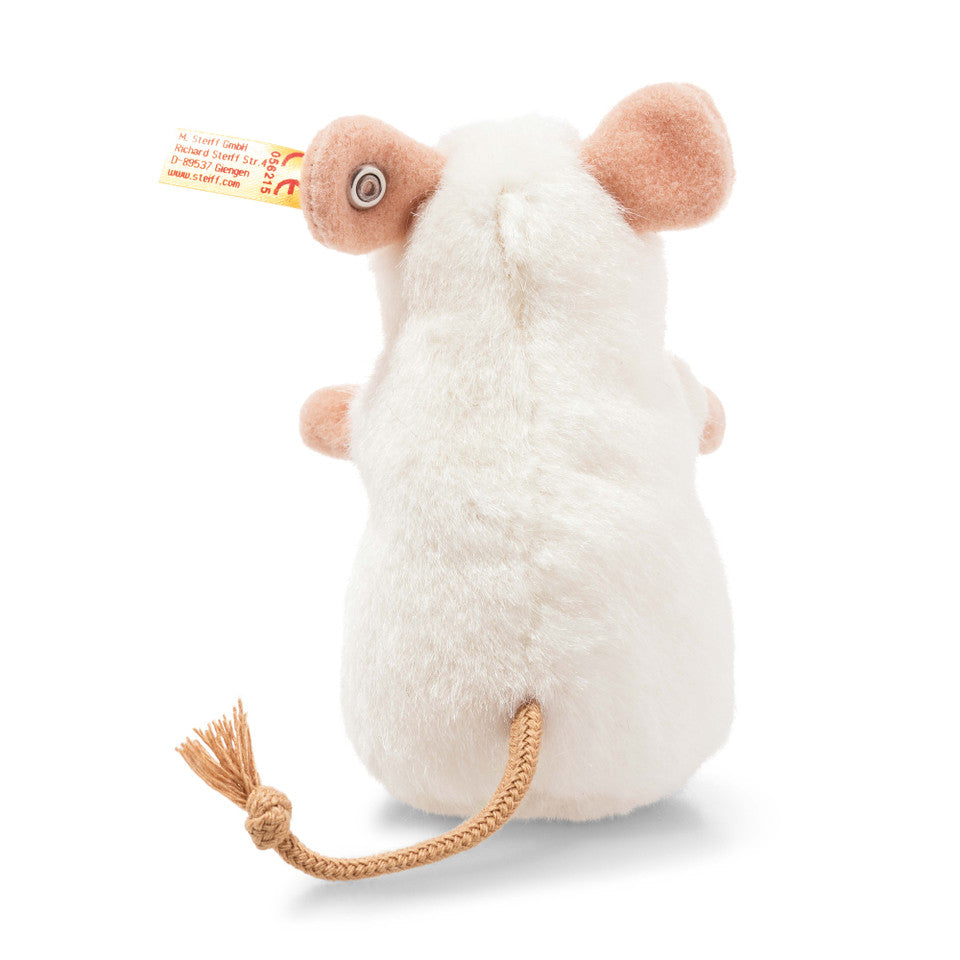 Pilla Mouse plush toy sitting on all fours with soft woven fur, grey velveteen ears and tail, made in Tunisia.