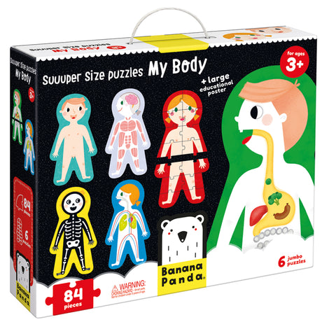 84pc Suuuper Size Body Puzzle showcasing six large human body floor puzzles with educational poster for kids ages 3+