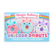 Unicorn Donuts Puzzle Erasers set with three vanilla scented, mix-and-match smiling unicorn donut erasers in pastel colors.