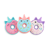 Unicorn Donuts Puzzle Erasers set of three vanilla scented mix-and-match donut tops with smiling unicorn faces.
