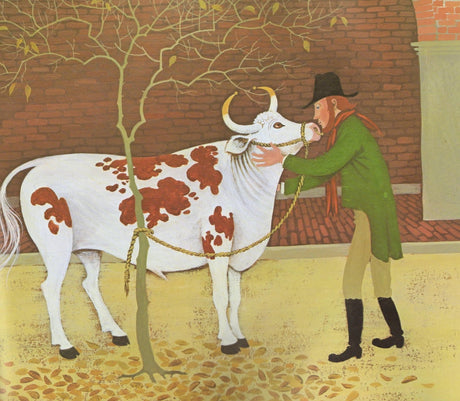 Ox-Cart Man illustration showing a man gently holding the head of a white and brown ox near a tree and brick wall.