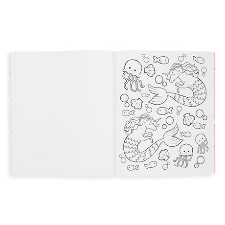 Color-In' Book Enchanting Unicorns showing an open page with unicorn and underwater sea creatures coloring design.