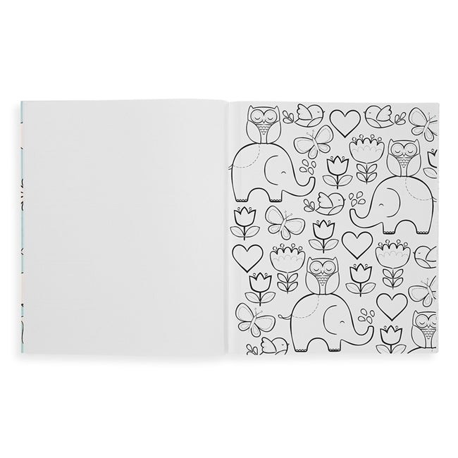Color-In' Book Little Cozy Critters open to a black and white animal and nature pattern coloring page.