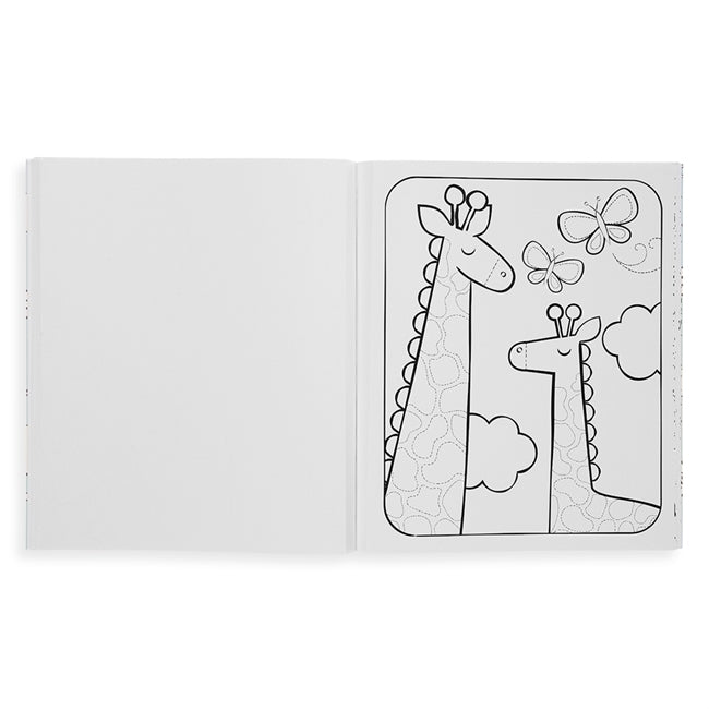 Color-In' Book Little Cozy Critters showing an open page with giraffes and butterflies to color.