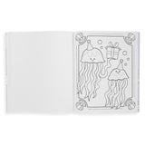 Open pages of Color-In' Book Outrageous Ocean featuring cute jellyfish wearing party hats holding a gift to color.