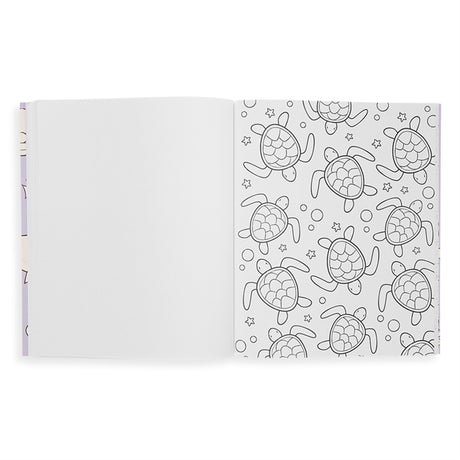 Open pages of Color-In' Book Outrageous Ocean featuring perforated sea turtle coloring sheet for kids ages 3 and up.