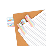 Note Pals Unicorns colorful sticky tabs with unicorn and rainbow designs marking pages in notebooks and folders.
