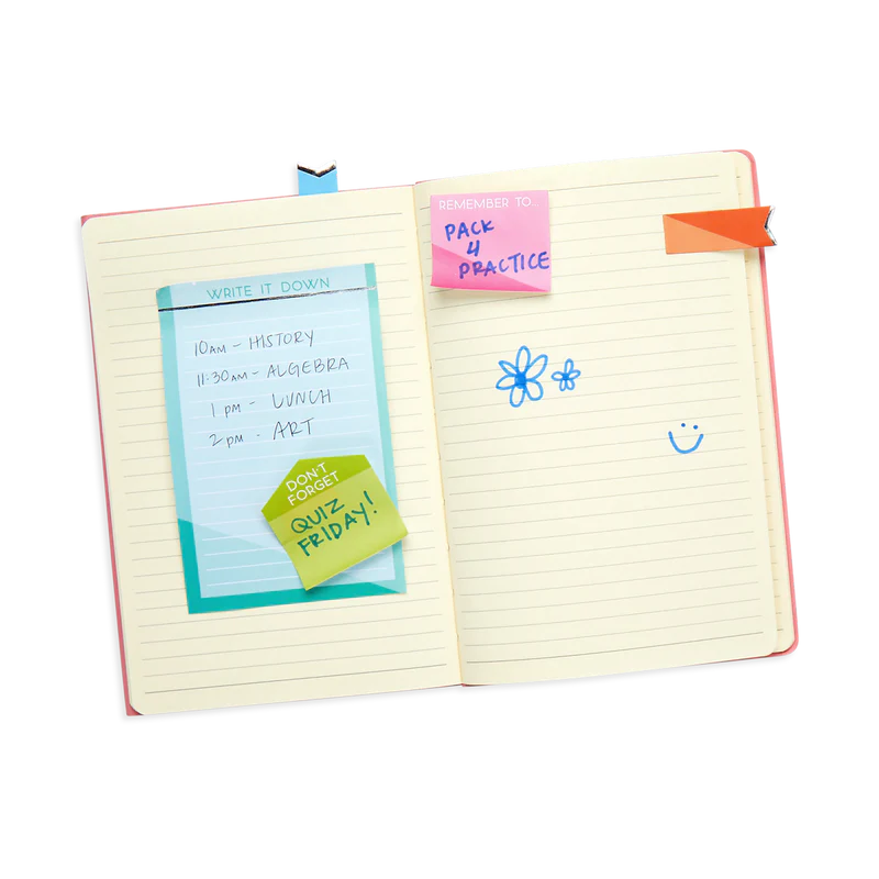 Color Write Sticky Tabs showing colorful sticky notes and tabs used for organizing a notebook with reminders and drawings.