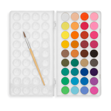 Lil' Watercolor Paint Pods showing 36 vibrant colors with a fine-tipped brush and reusable case opened flat.