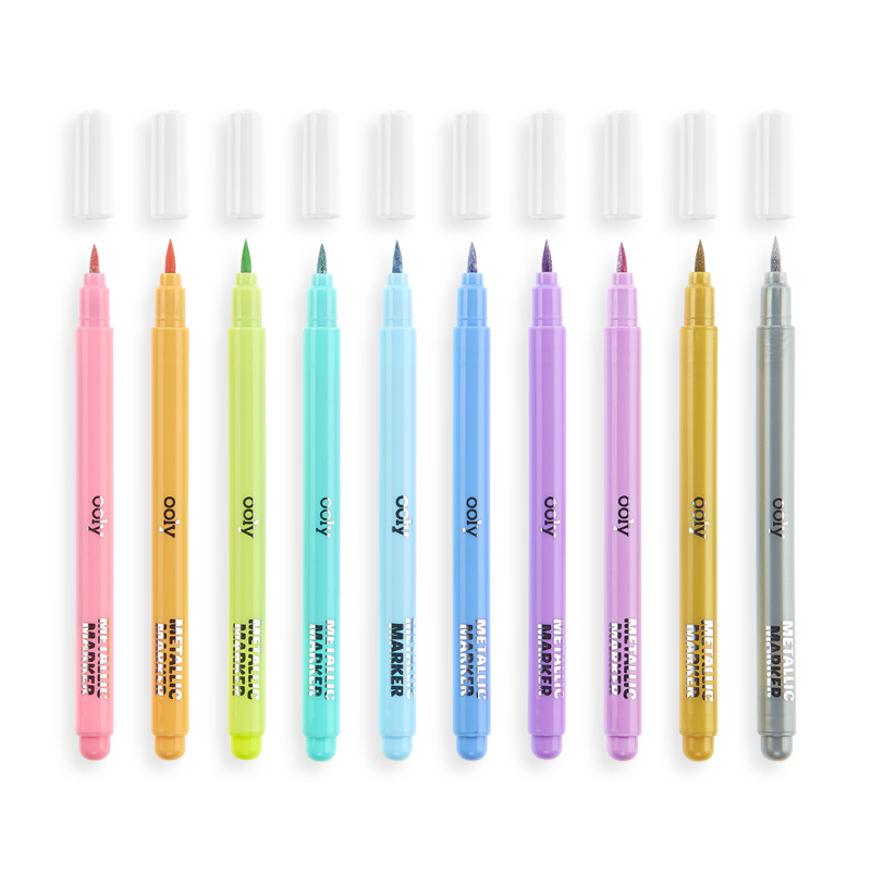 Color Lustre Metallic Brush Markers showing 10 bright shimmering metallic brush tip markers with caps off.
