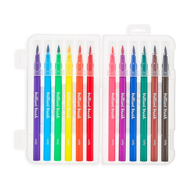 Brilliant Brush Markers set of 12 colorful soft brush tip markers in a clear reusable carrying case.