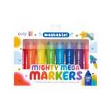 Mighty Mega Markers jumbo washable markers in 8 vibrant colors with chunky barrels for little hands aged 3 and up.