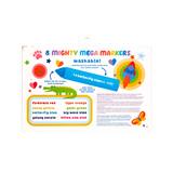 Mighty Mega Markers pack with 8 vibrant washable colors, chunky barrels, and triangle tips for thin or thick lines.