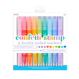 Confetti Stamp Markers set of 9 double-ended markers with fine tips and confetti-shaped stamps for colorful art.