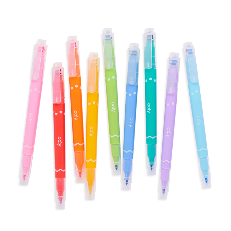 Confetti Stamp Markers in nine colors with double-ended fine tip and confetti-shaped stamp for creative art and fun projects.