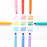 Confetti Stamp Markers showing colorful fine tip drawings and stamped confetti shapes of stars, hearts, and dots.