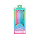 Oh My Glitter Gel Pens set of 4 glitter ink retractable gel pens with comfort grip and functional clips in pastel colors.