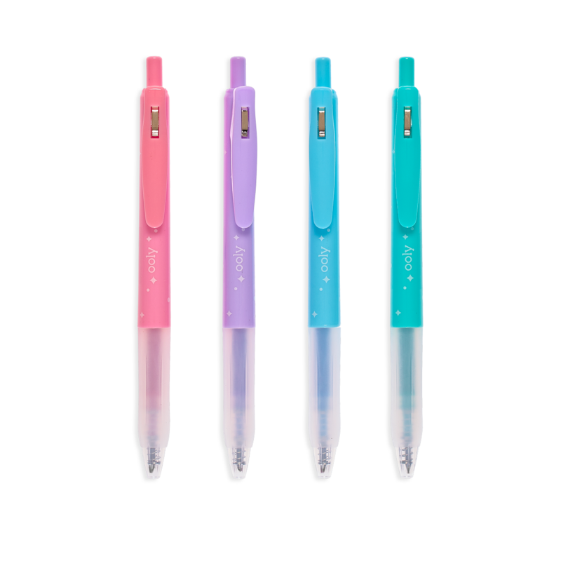 Oh My Glitter Gel Pens set showing four retractable glitter gel pens in pink, purple, blue, and teal colors.