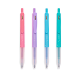 Oh My Glitter Gel Pens set showing four retractable glitter gel pens in pink, purple, blue, and teal colors.