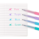 Oh My Glitter Gel Pens with pink, purple, blue, and green glitter ink writing on lined notebook paper.