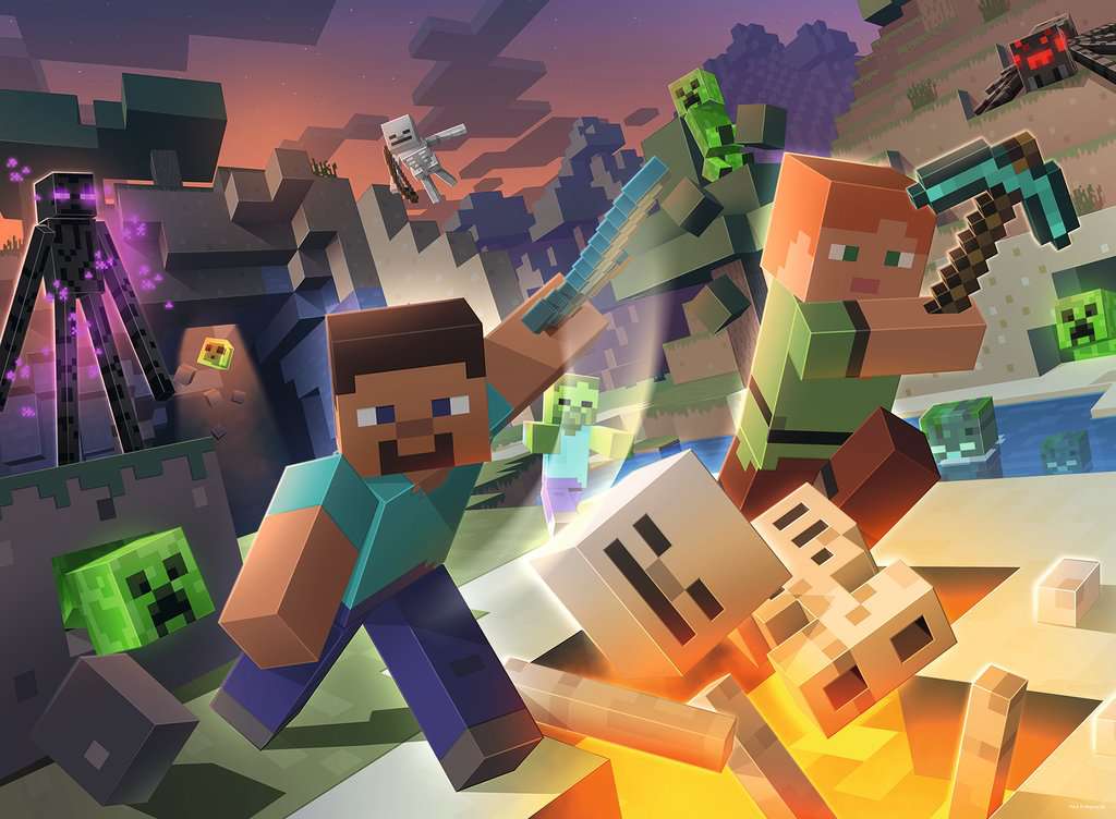 100pc Minecraft Monster Puzzle featuring Steve and Alex fighting creepers, skeletons, spider, and enderman in a Minecraft world.