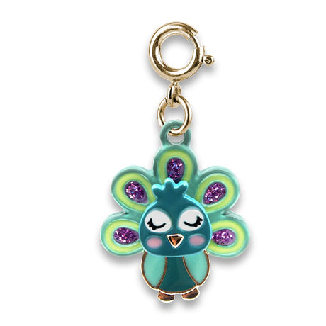Swivel Peacock Charm with enamel and glitter, featuring a cute peacock design and a gold-tone swivel clasp.