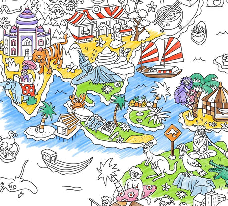 Atlas Giant Coloring Poster showing a partially colored world map with animals, landmarks, and boats for creative fun.
