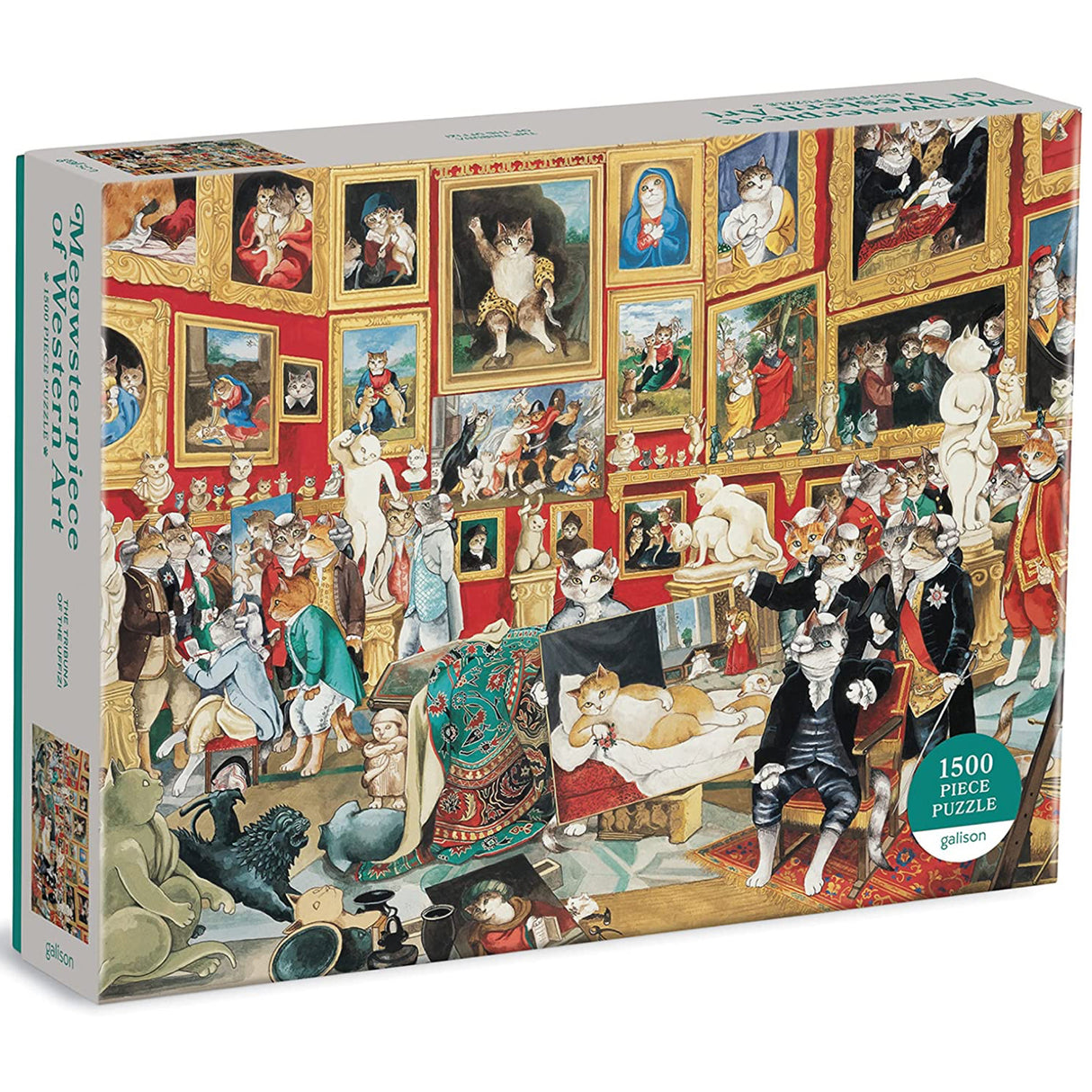 1500pc Tribuna of Uffizi Meowsterpiece Puzzle box featuring a feline art parody of Johan Zoffany’s famous painting.