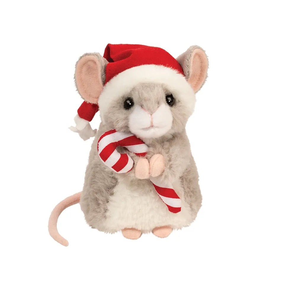 Candy Cane Mouse Merrie plush wearing Santa hat holding striped candy cane with gray and white fur.