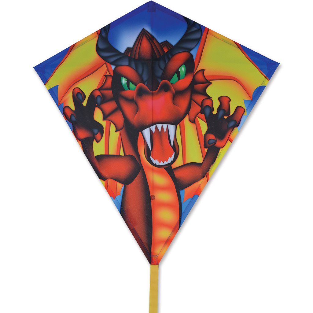 30" Diamond Kite | Dragon with vibrant red dragon graphic, nylon fabric, and fiberglass frame for fun flying and decoration.
