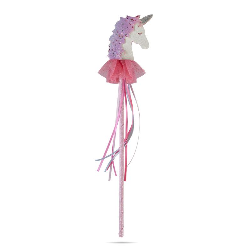 Fanciful Unicorn Wand with glittery unicorn head, soft pink tulle, and flowing ribbons, perfect for magical play ages 3 and up.