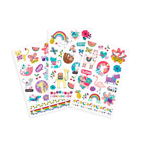 Three sheets of colorful Funtastic Friends Tattoos featuring animals, rainbows, and fun designs.