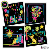 Colorforms 70th Anniversary set featuring colorful, repositionable shapes creating scenes of a party, flowers, cityscape, and pets.