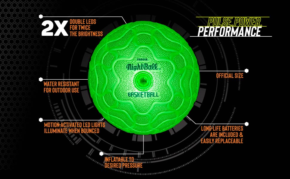 NightBall | Basketball glowing green LED basketball with motion-activated lights, water resistant, and official size for outdoor play.