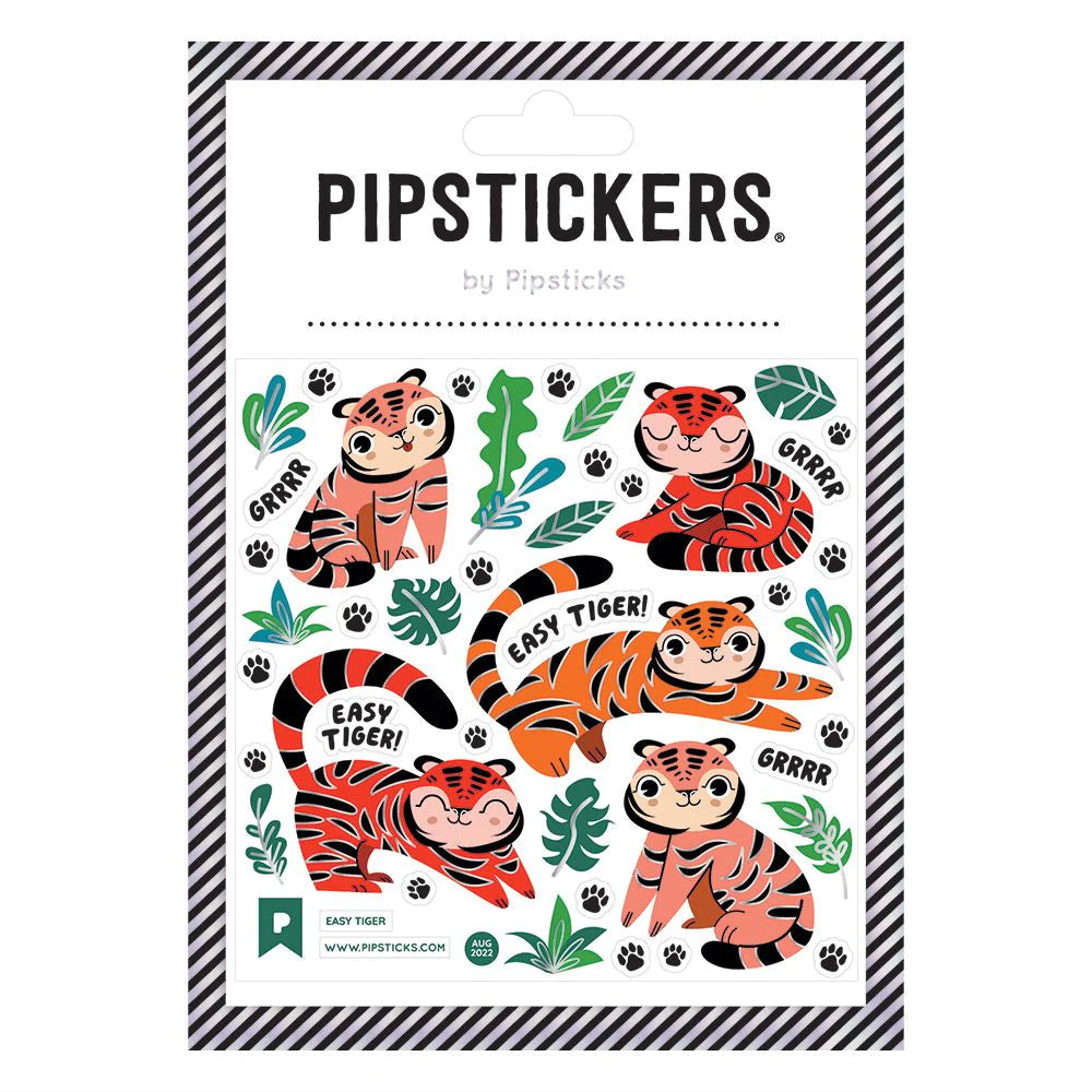 Easy Tiger Stickers sheet featuring adorable tigers with greenery and paw prints on clear backing.